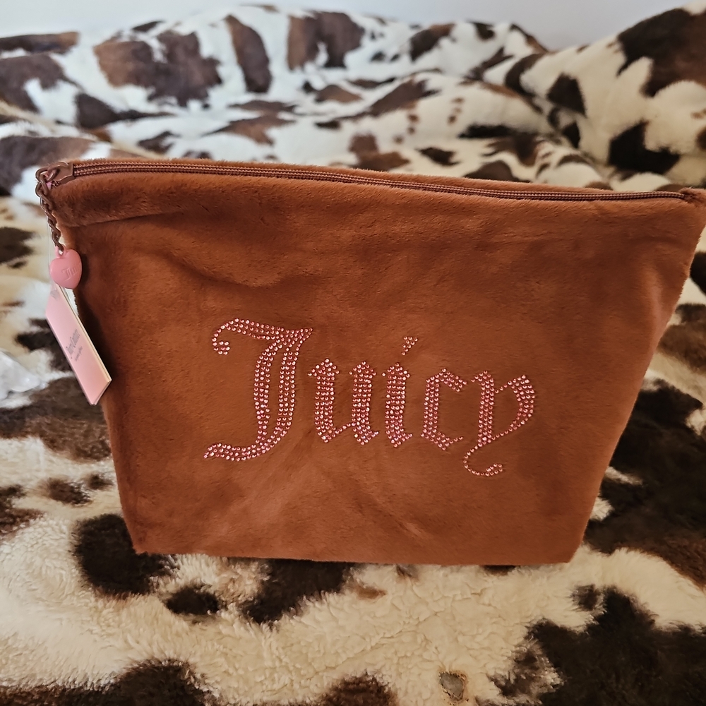 Juicy Couture Brown Velvet Cosmetic Bag with Pink Crystal Logo